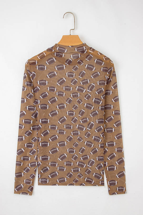 Brown Game Day Rugby Mesh Sheer Long Sleeve Top
