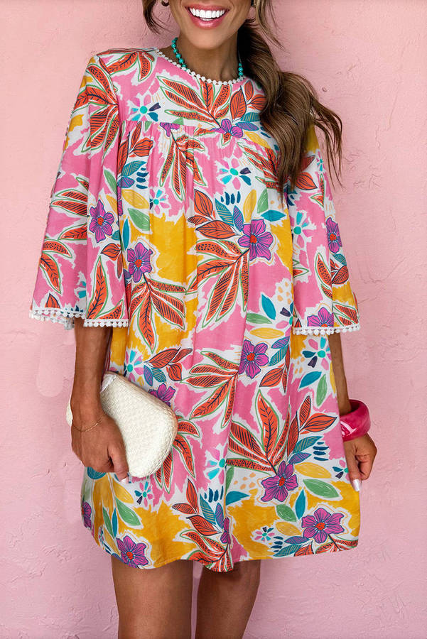 Pink Floral Print Lace Trimmed Tie Back Bell Sleeve Swing Mini Dress