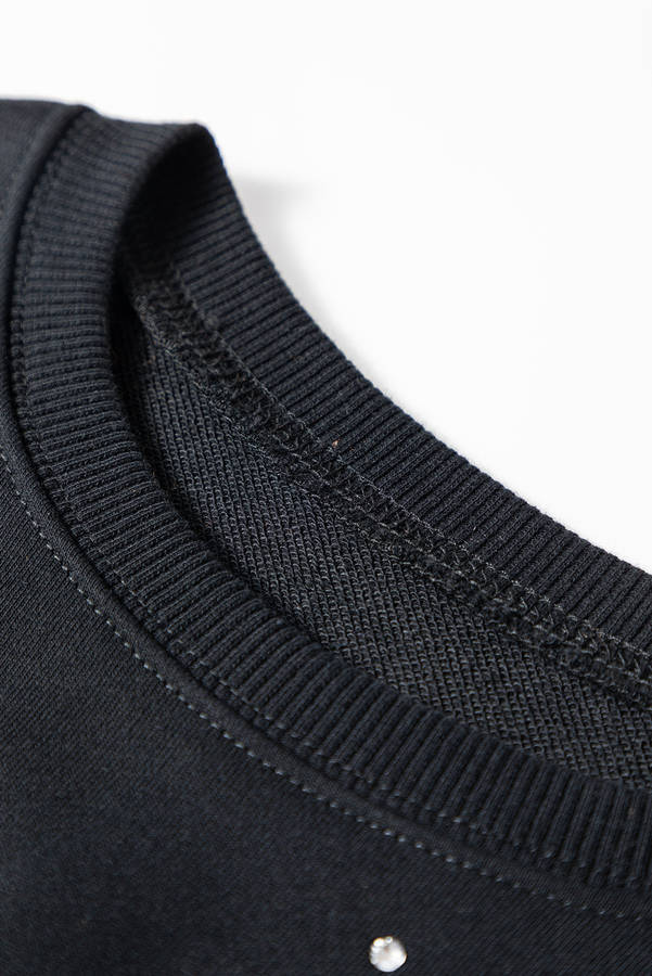 Black Rhinestone Embellished Drop Shoulder Ribbed Cuffs Wholesale Sweatshirt