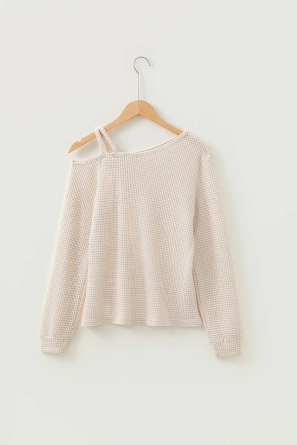 Jet Stream Solid Color Textured Knit Asymmetric Shoulder Long Sleeve Top