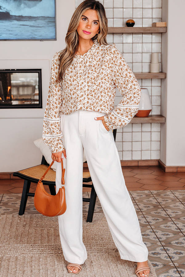 Khaki Printed Lace Detail Floral Puff Sleeve Fall Shirt