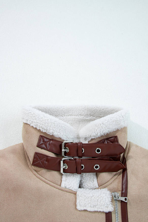 Dark Khaki Sherpa Lined Faux Suede Lapel Collar Vest
