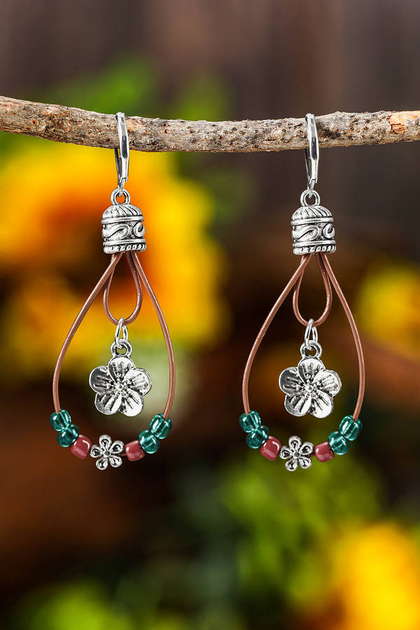 Silvery Western Leather Beaded Floral Dangle Earrings