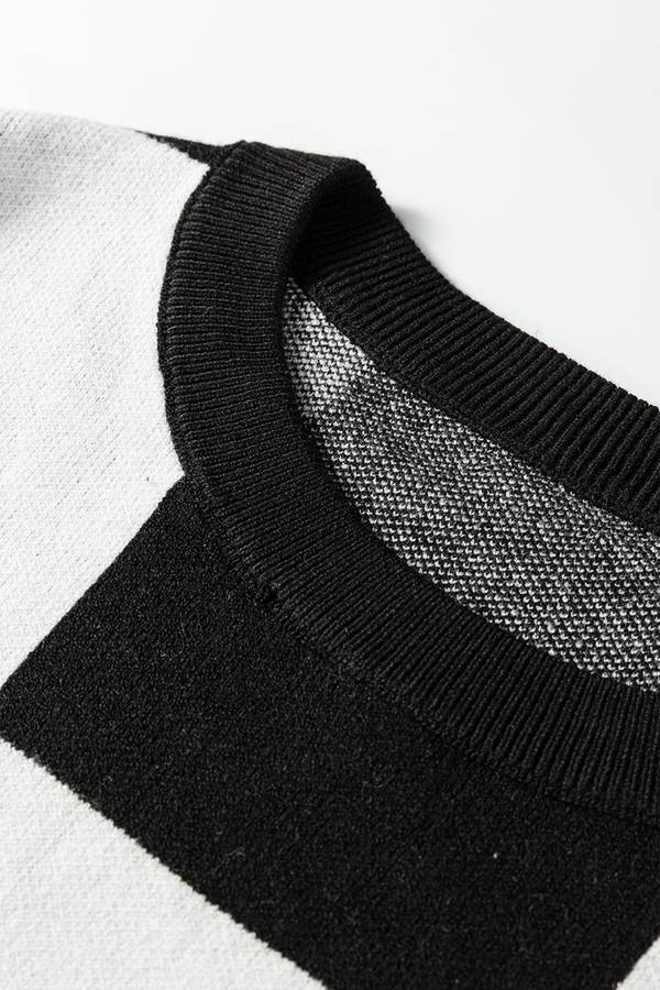 Black Checkered Pattern Loose Drop Shoulder Half Sleeve Sweater