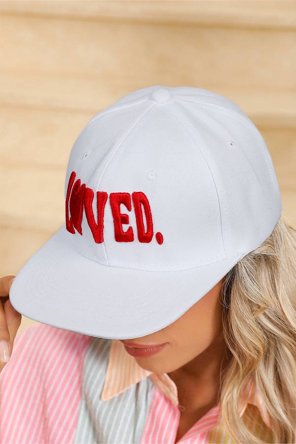 White LOVED Custom Embroidered Valentines Day Baseball Cap