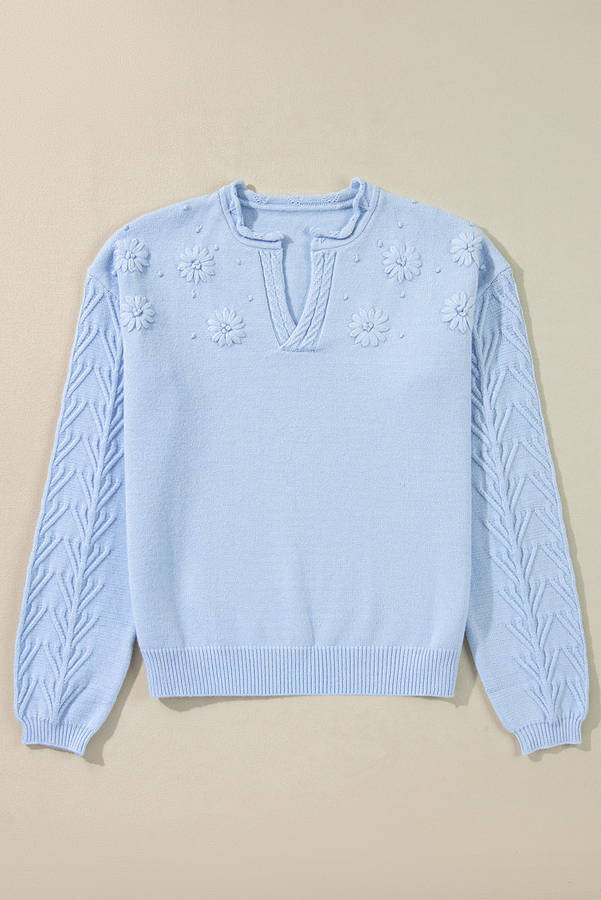 Beau Blue Flower Detail Knitted Notched Neck Sweater