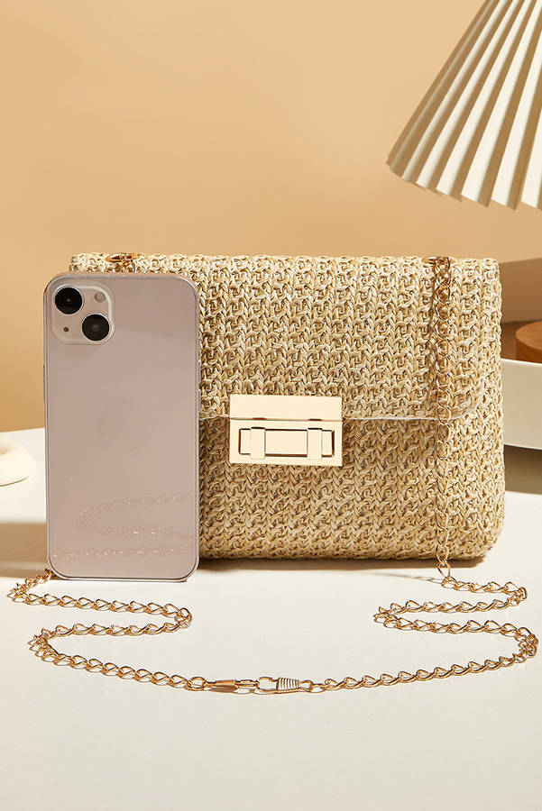 Camel Woven Chain Strap Flap Shoulder Bag
