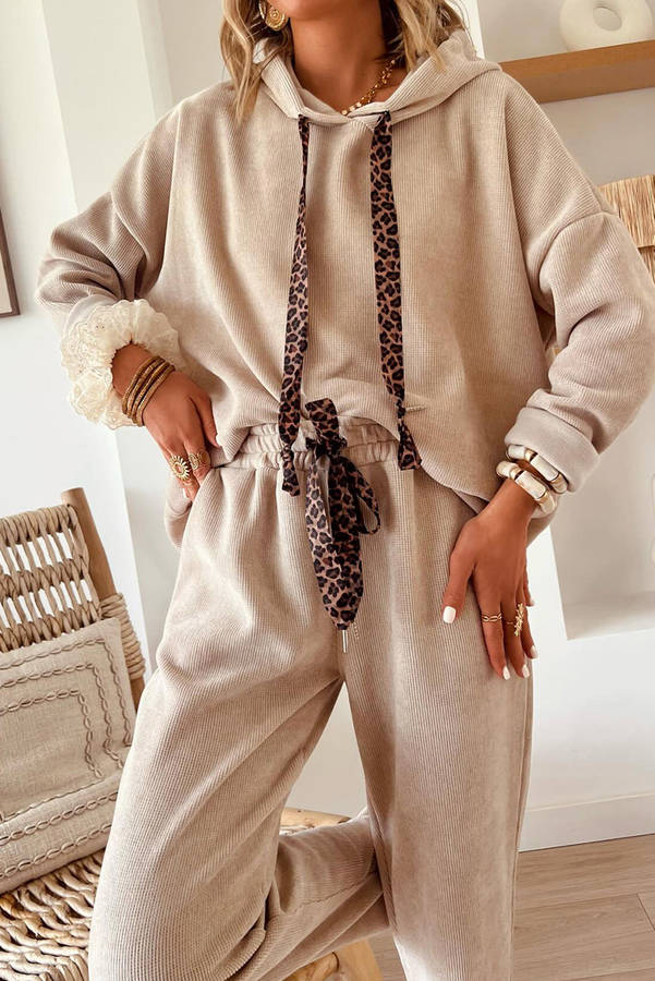 Parchment Leopard Drawstring Pullover Hoodie and High Waist Pants Corduroy Suit