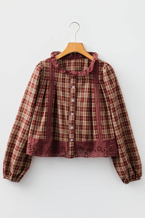 Red Dahlia Plaid Eyelet Lace Trim Button Down Loose Long Sleeve Shirt