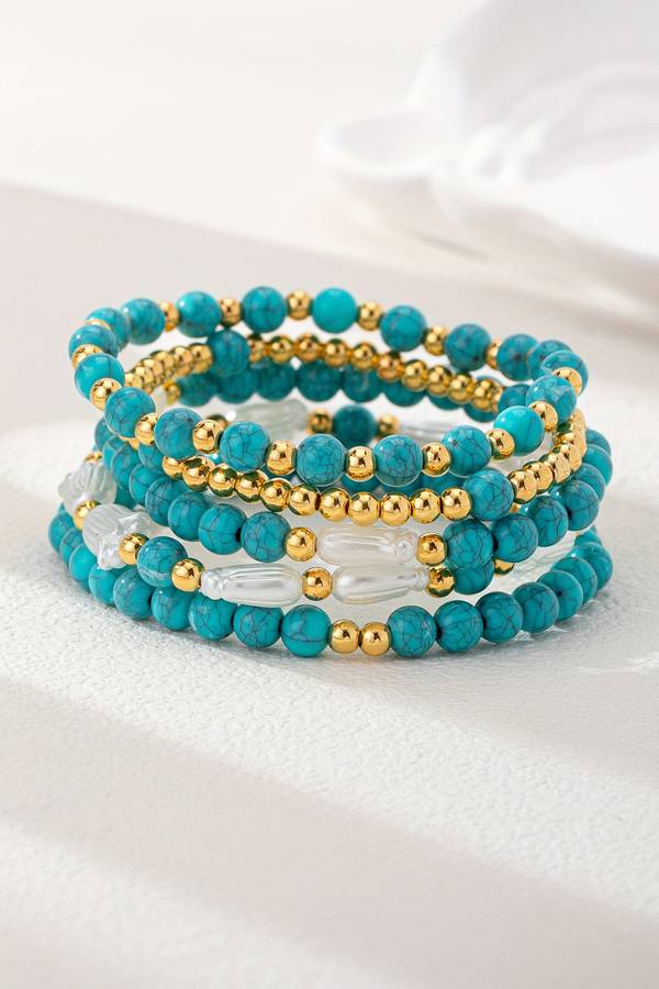 Turquoise Mixed Golden Beads Pearlish Detail 5pcs Bracelet Set