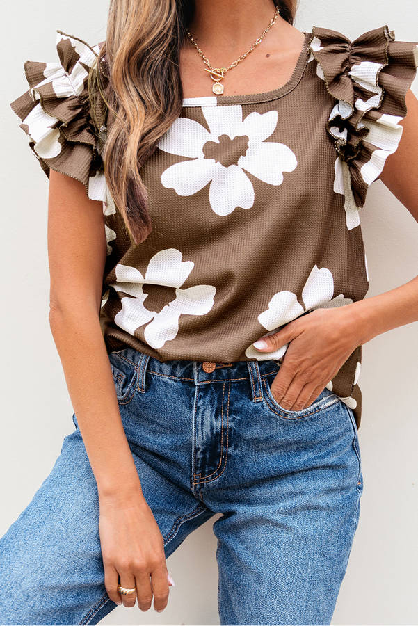 Brown Floral Textured Ruffled Short Sleeve Square Neck Blouse