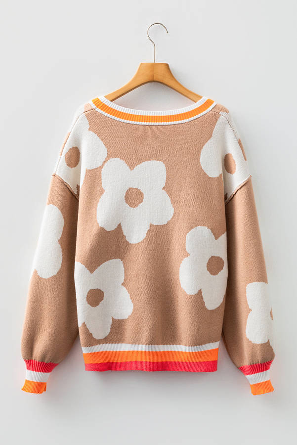 Smoke Gray Big Flower Pattern Contrast Striped Baggy Sweater