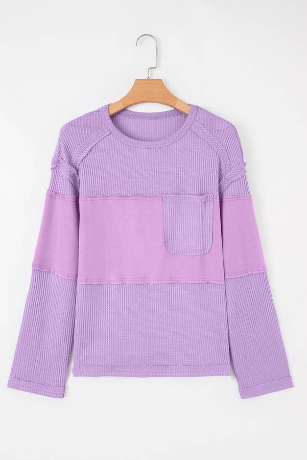 Phalaenopsis Thermal Knit Contrast Textured Patchwork Long Sleeve Top