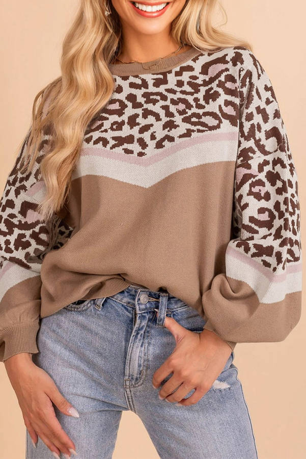 Straw Yellow Leopard Color Block Knit Round Neck Baggy Sweater