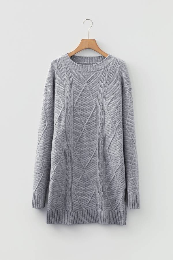 Gray Cable Knit Drop Shoulder Loose Fit Sweater Dress