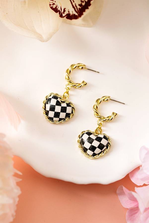 Black Checkered Heart Dangle Gold Plated Twisted Hoop Stud Earrings