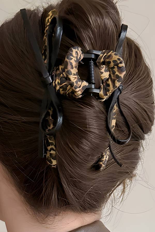Thai Curry Leopard Cloth Wrap Over Contrast Bow Detail Hair Claw Clip