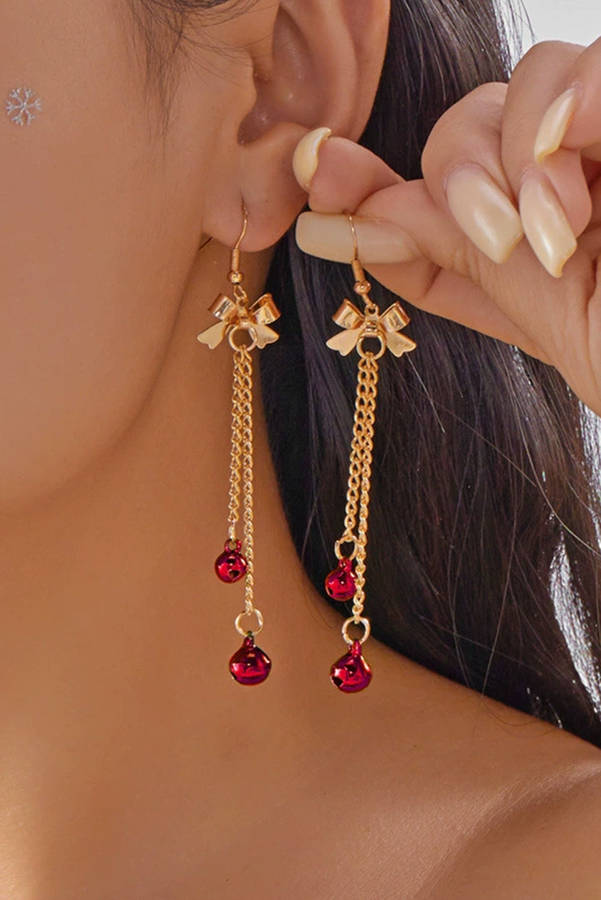 Fiery Red Jingle Bell Tassel Dangle Gold Plated Bow Hook Earrings