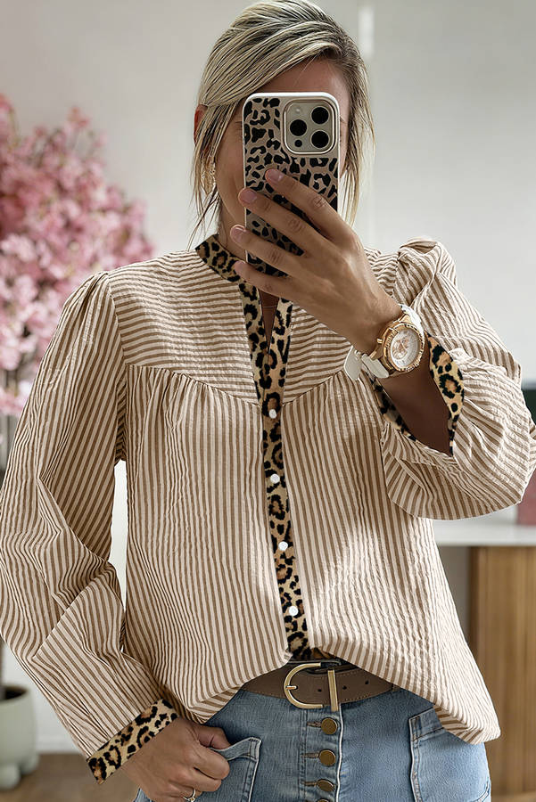 Brown Stripe Leopard Patchwork Long Sleeve Shirt