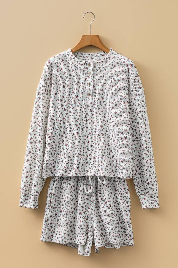 White Spiral Ribbed Floral Print Long Sleeve Henley Top Drawstring Short Set