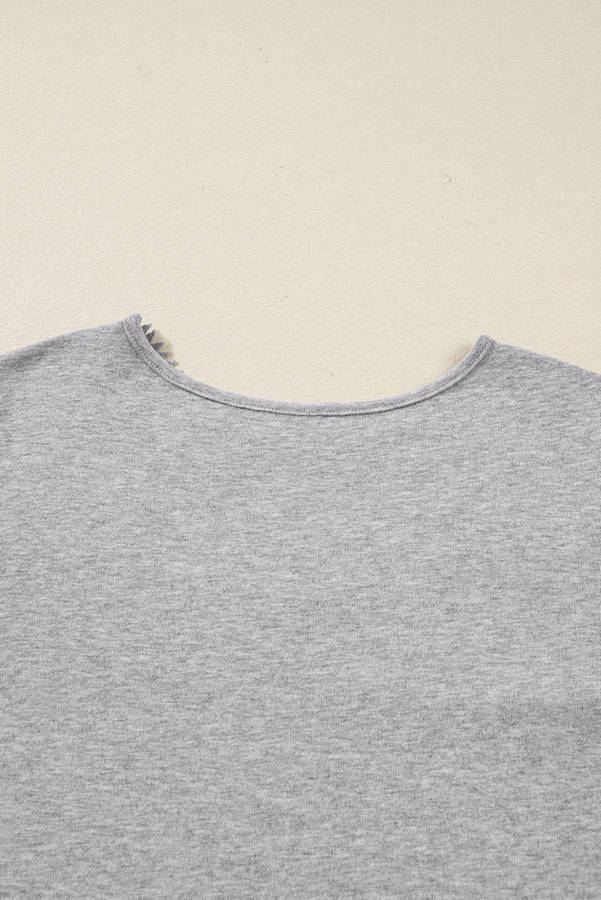 Gray Hollowed Lace Ribbed Knit Long Sleeve Patchwork Top