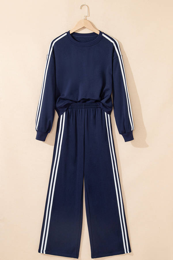 Dirty blue Varsity Striped Detail Crewneck Pullover Elastic Sweatpants 2pcs Outfit