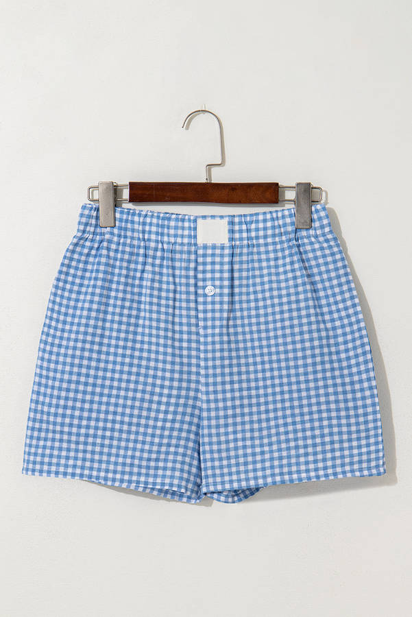 Blue Gingham Printed High Waist Shorts
