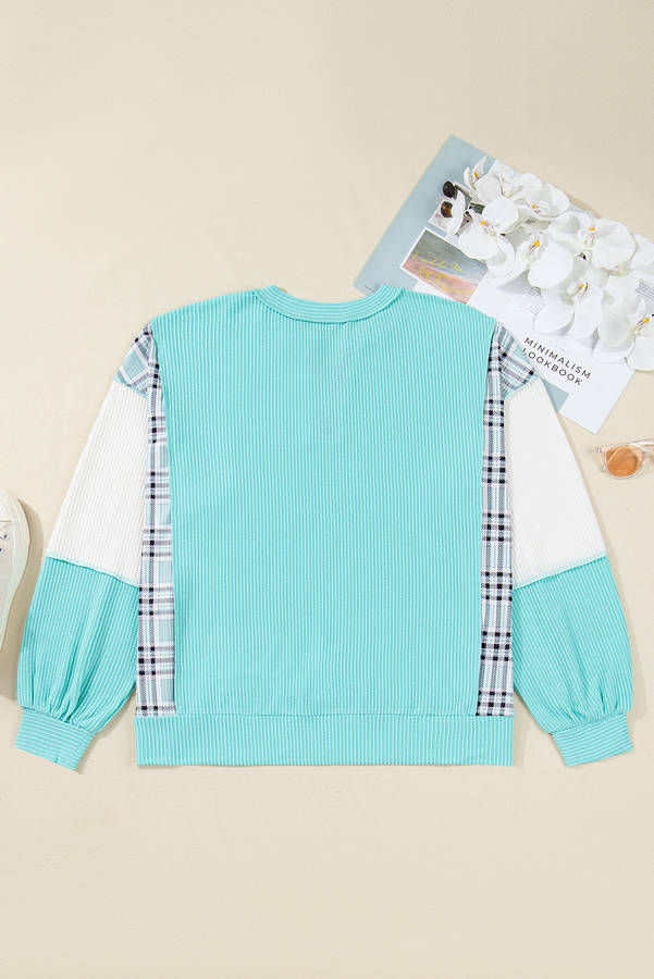 Aruba Blue Twist Ribbed Color Block Plaid Patchwork Plus Size Long Sleeve Top