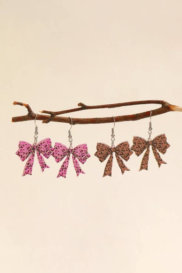 Cinnamon Stylish Leopard Printed Bow Stainless Hook Earrings