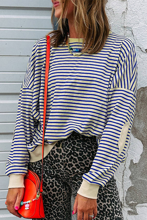 Blue Stripe Textured Elbow Patched Crew Neck Drop Shoulder Sweatshirt