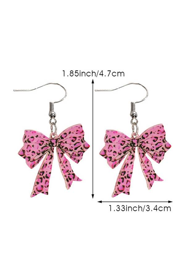 Bright Pink Stylish Leopard Printed Bow Stainless Hook Earrings