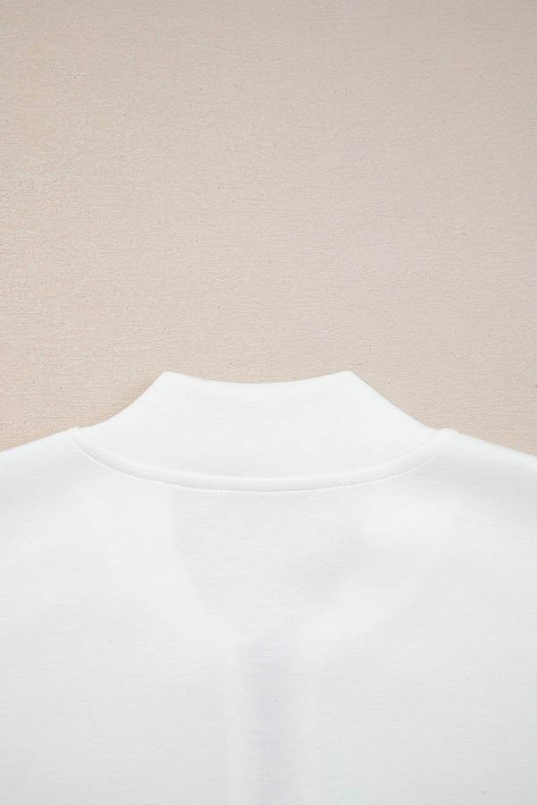 White Solid Color Zip Up Knit Puff Sleeve Jacket