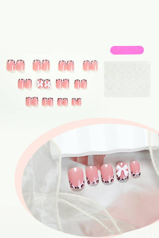 Pink Bow Decor Leopard Trim Nail Stickers