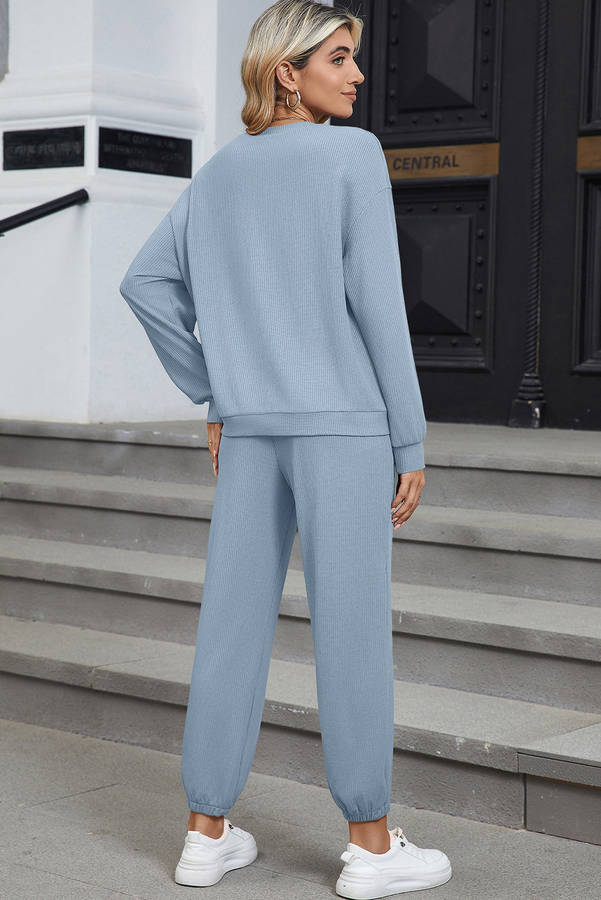 Dusk Blue Solid Color Ribbed Loose Long Sleeve Top Casual Pant Set