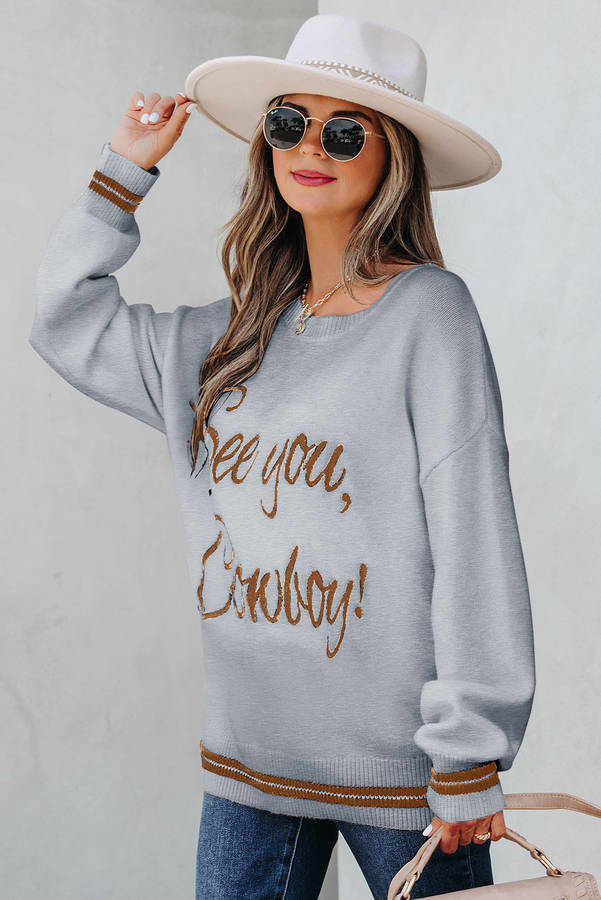 Light Grey See You Cowboy Embroidered Western Graphic Sweater