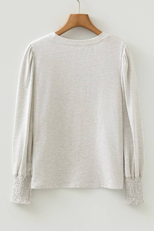 Oatmeal Shirred Cuffs Puff Sleeve Peasant Top
