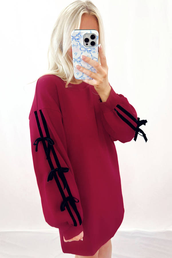 Racing Red Contrast Striped Bow Detail Drop Shoulder Sweatshirt Dress with Pockets