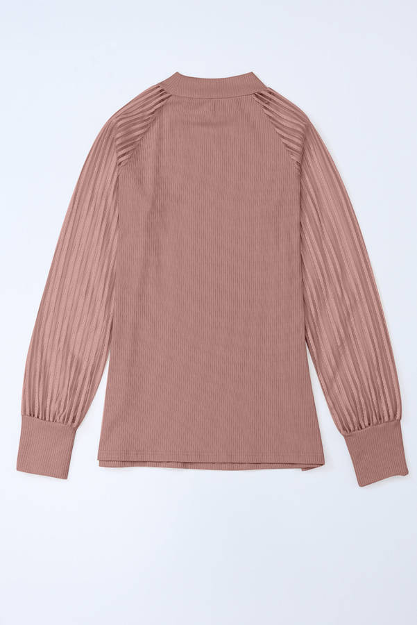 Pink Black Striped Mesh Long Sleeve Crewneck Ribbed Top