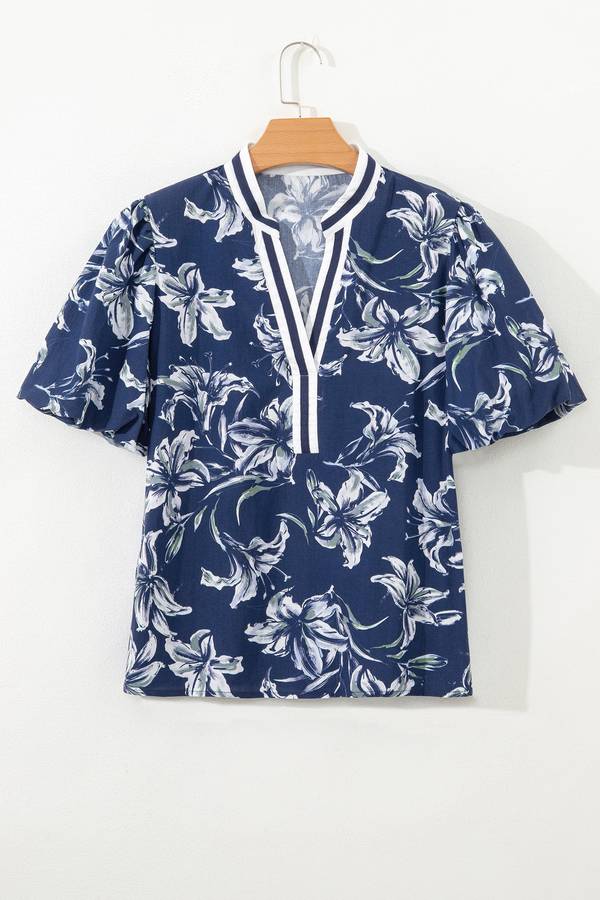 Blue Floral Print Short Puff Sleeve Striped Trim V Neck Blouse