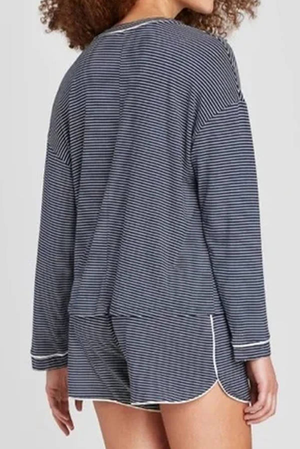 Blue Stripe Drop Shoulder Round Neck Long Sleeve Tee and Buttoned Shorts 2pcs Lounge Set