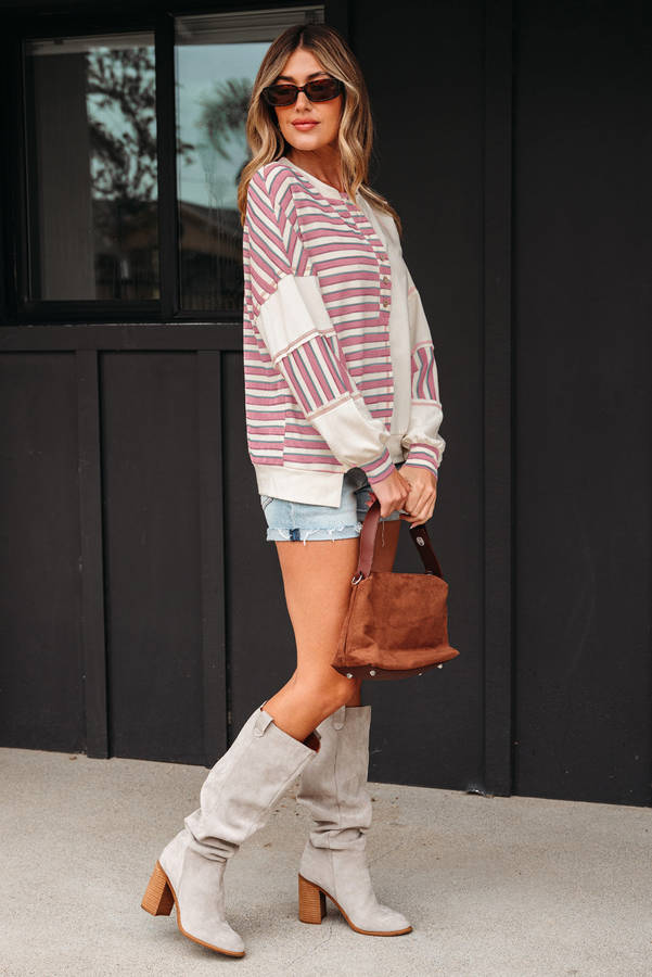 Pink Stripe Stitched Detail Color Block Patchwork Oversized Pullover Top