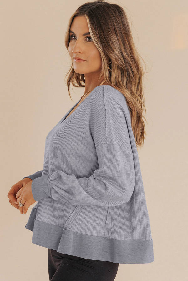 Gray Waffle Knit Notched V Neck Drop Shoulder Solid Sweatshirt