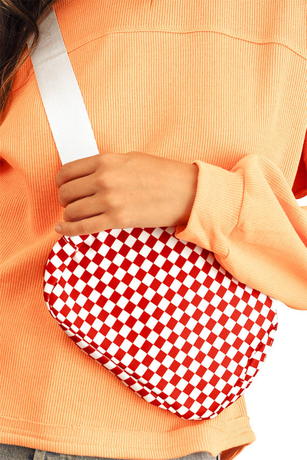 Fiery Red Checkered Print Zipped Buckle Strap Crossbody Bag