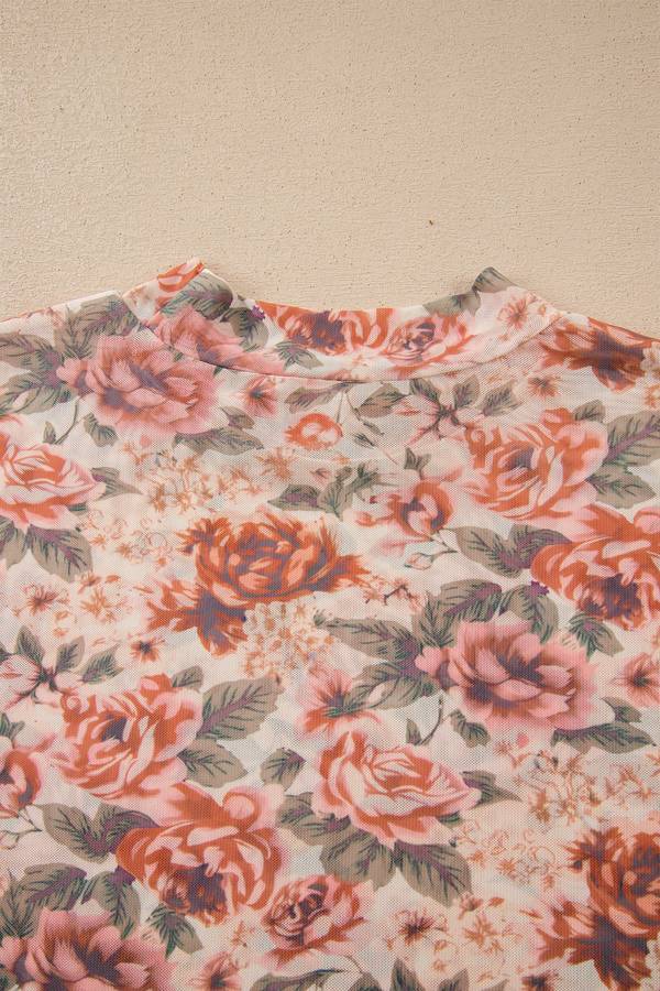 Pink Plus Size Floral Mock Neck Long Sleeve Slim Top