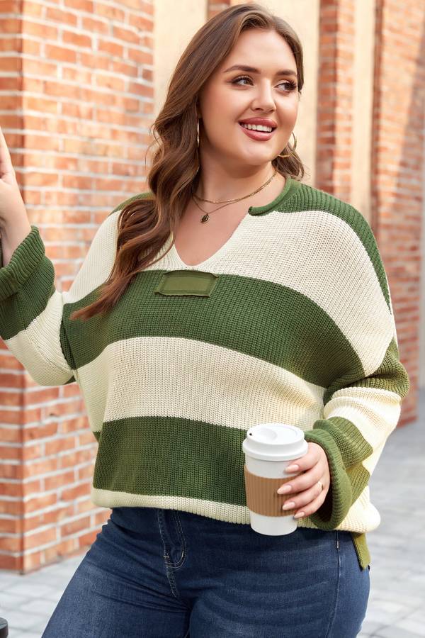Green Stripe Colorblock Notched Neck Plus Size Sweater