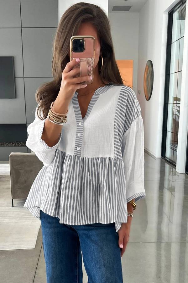 Gray Stripe Half Button Gauze Patchwork Bracelet Sleeve Babydoll Blouse