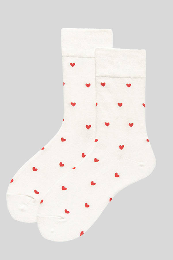 White Valentines Heart Pattern Crew Socks