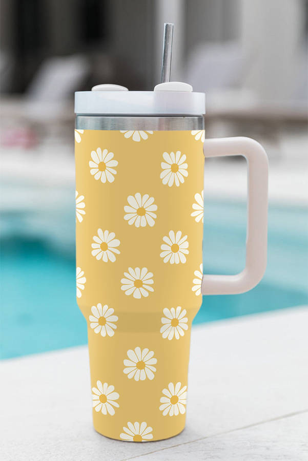 Yellow Daisy Print Handle Stainless Steel Portable Cup 40oz