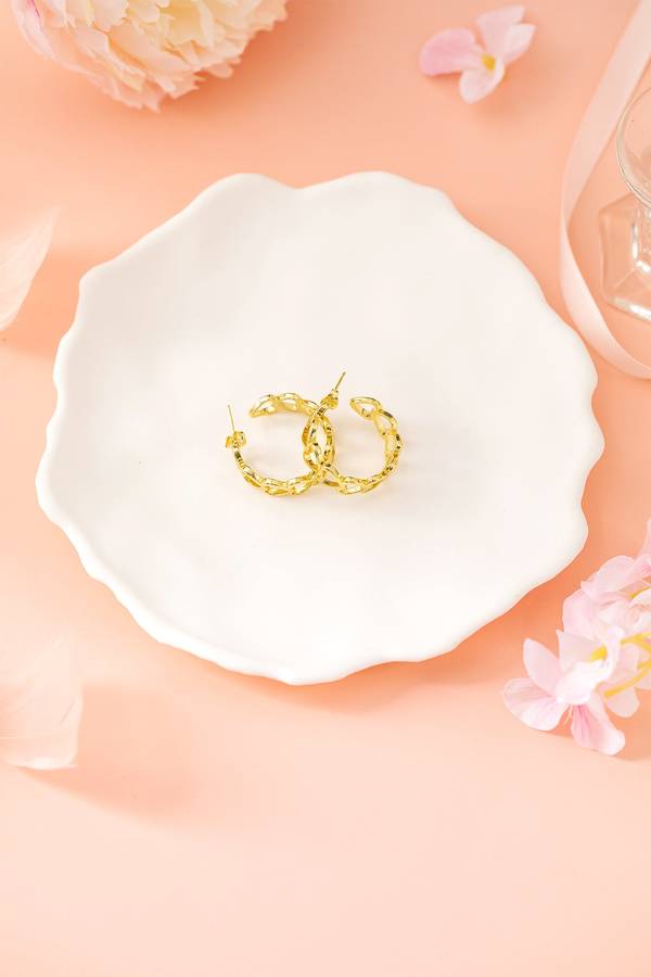 Gold Plated Heart Link Hoop Stud Earrings