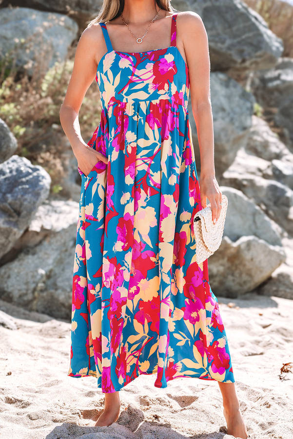 Dark Blue Floral High Waist Sleeveless Flared Long Dress